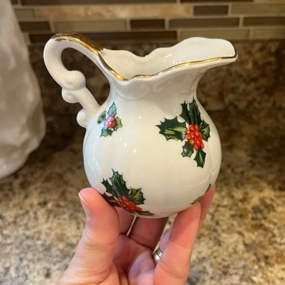Vintage Lefton China Creamer Mini Pitcher with Hand Painted Holly Berry Design